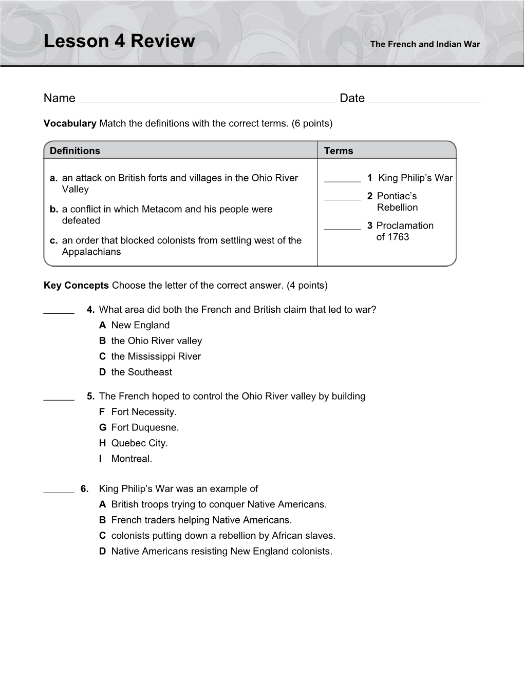 Vocabulary Match the Definitions with the Correct Terms. (6 Points)