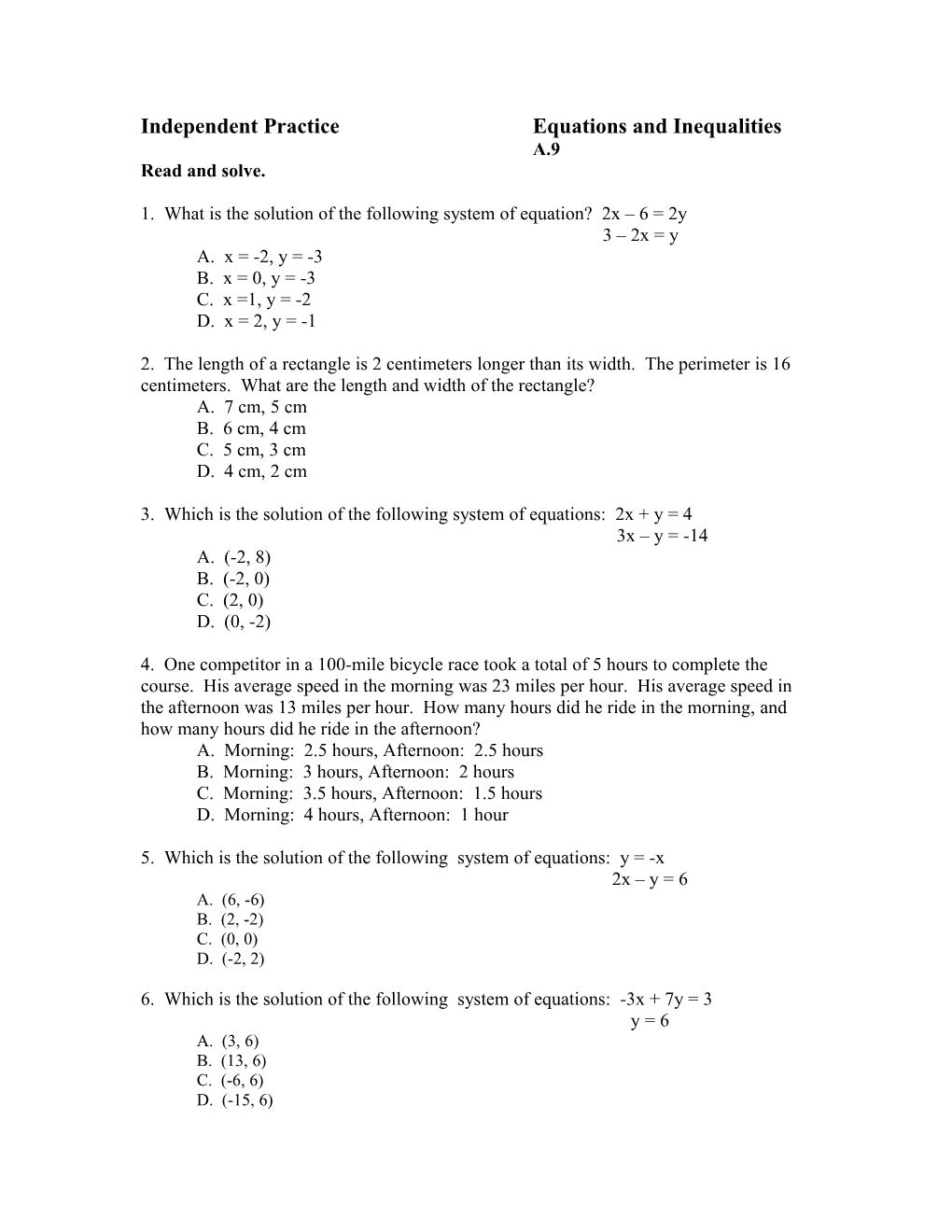 Independent Practice Equations and Inequalities