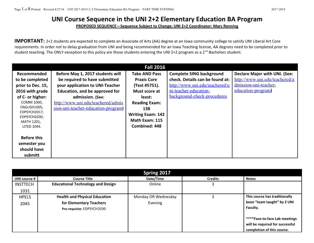 UNI Course Sequence in the UNI 2+2 Elementary Education BA Program