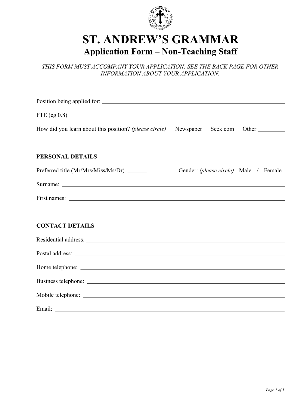 Application Form Non-Teaching Staff