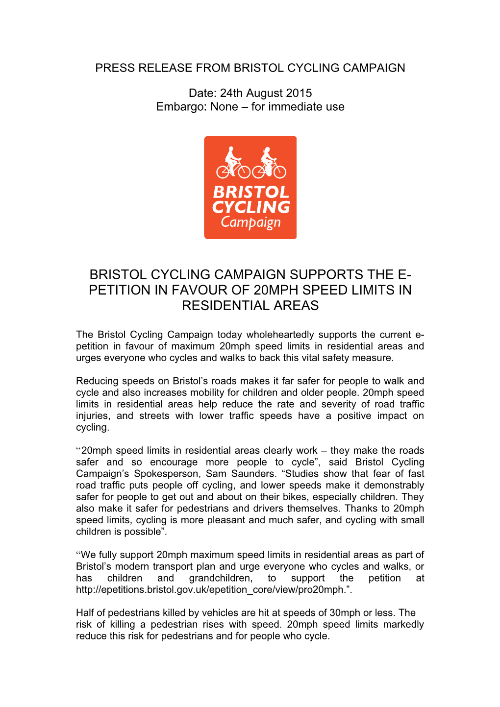 Press Release from Bristol Cycling Campaign