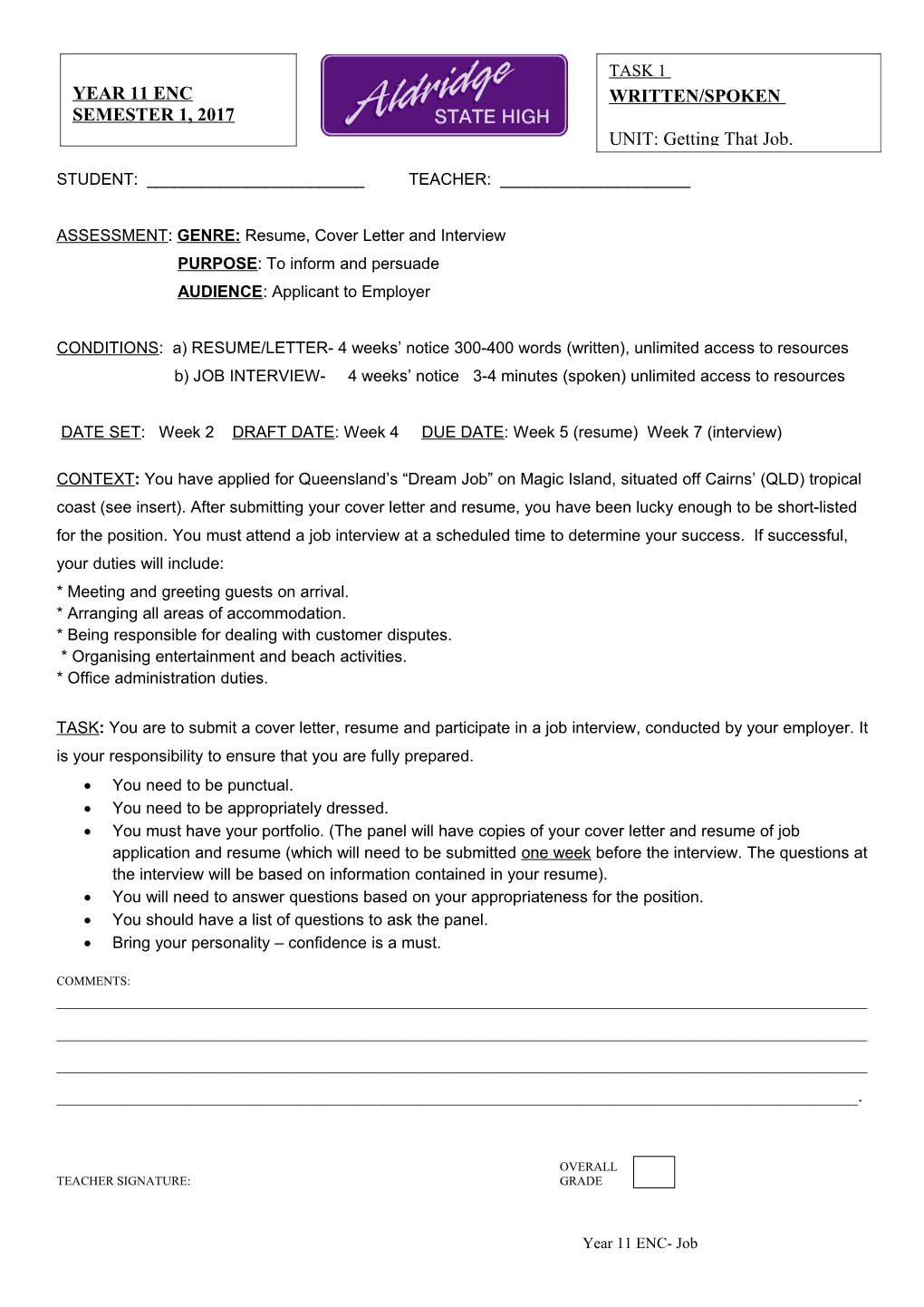 ASSESSMENT: GENRE: Resume, Cover Letter and Interview