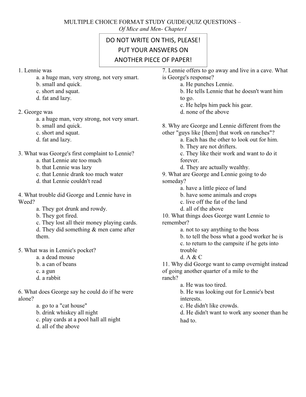 Multiple Choice Format Study Guide/Quiz Questions