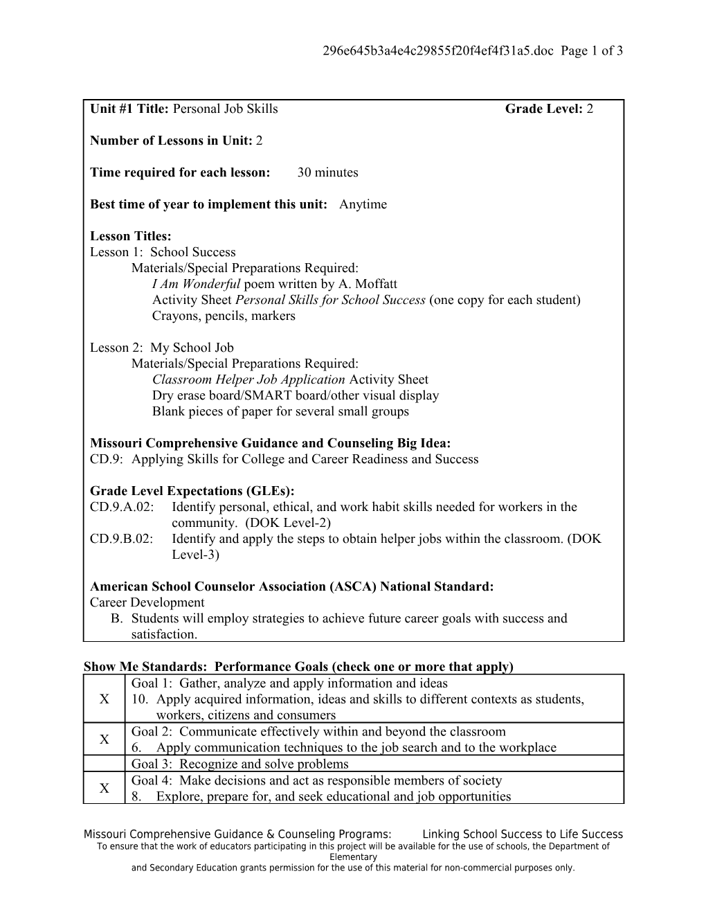 Show Me Standards: Performance Goals (Check One Or More That Apply) s3