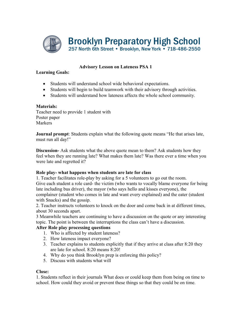 Advisory Lesson on Lateness PSA 1