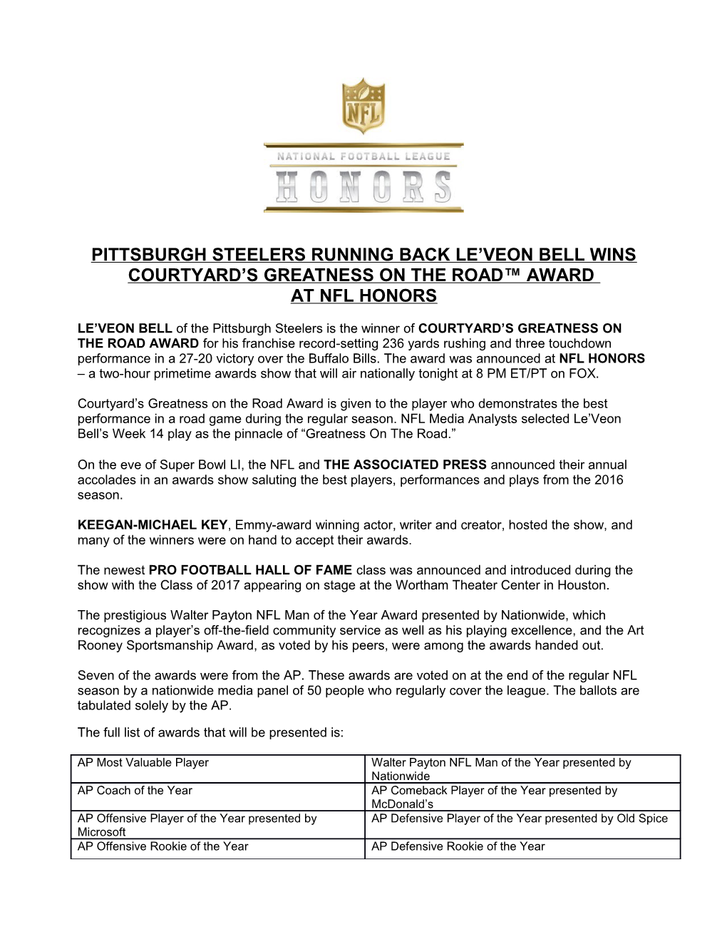 Pittsburgh Steelers Running Back Le Veon Bell Wins Courtyard S Greatness on the Road Award