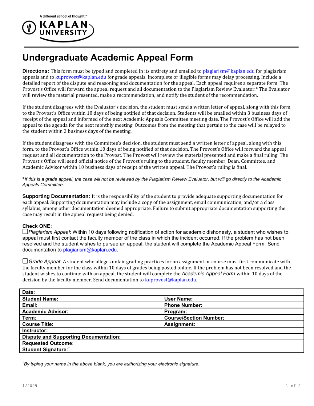 Undergraduate Academic Appeal Form