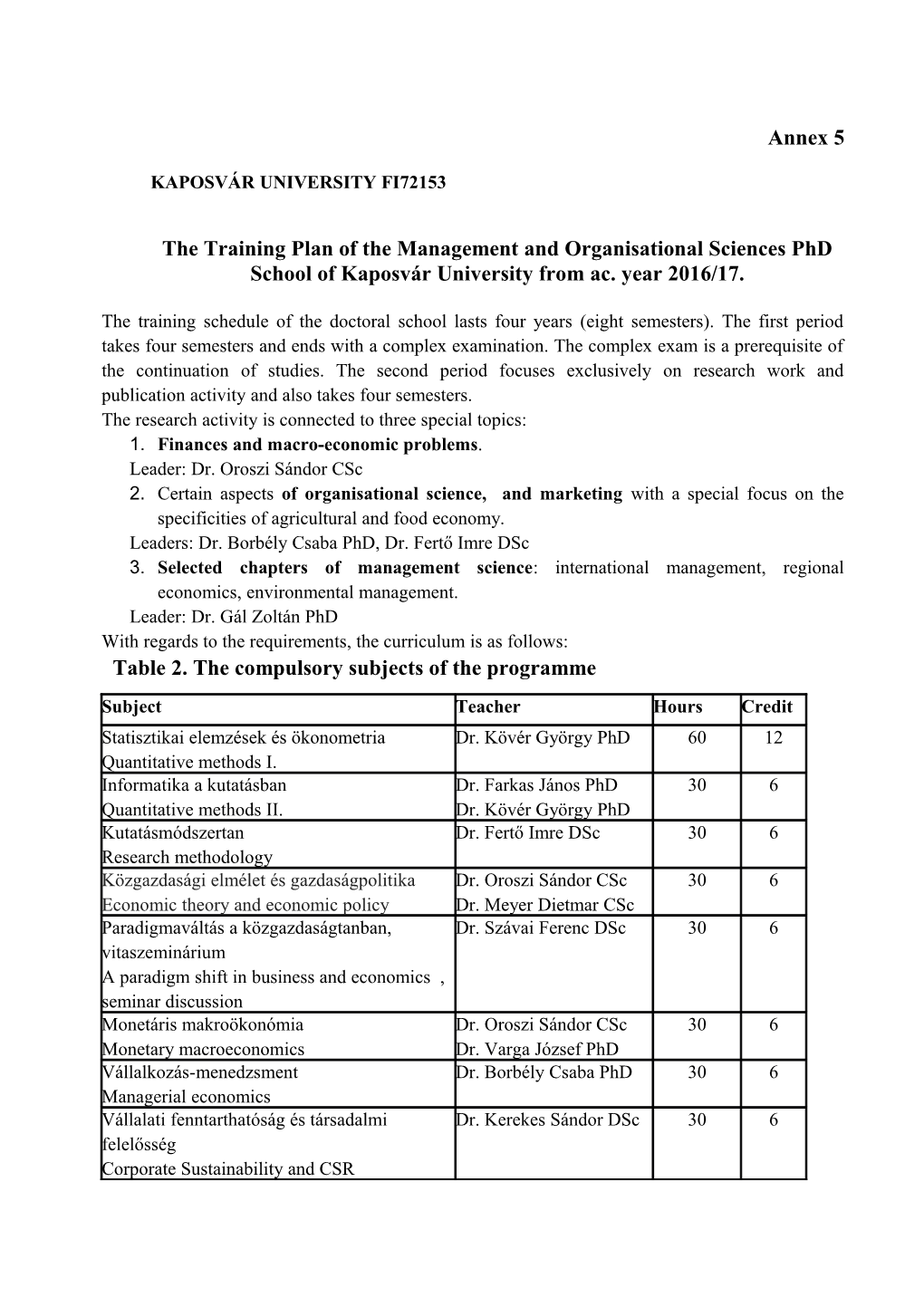 English Doctoral Regulation of Kaposvár University