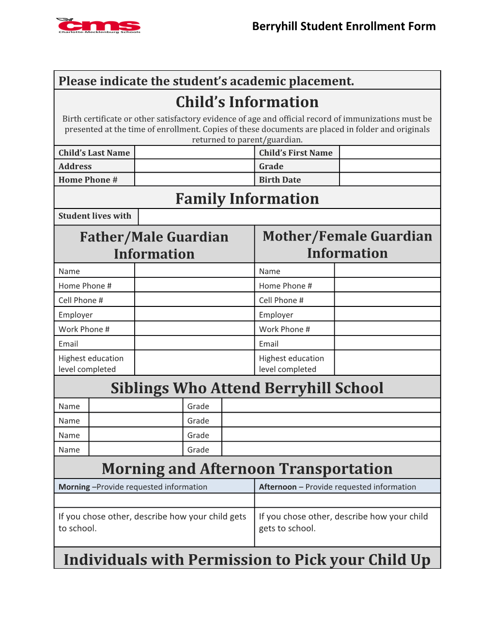 Berryhill Studentenrollment Form