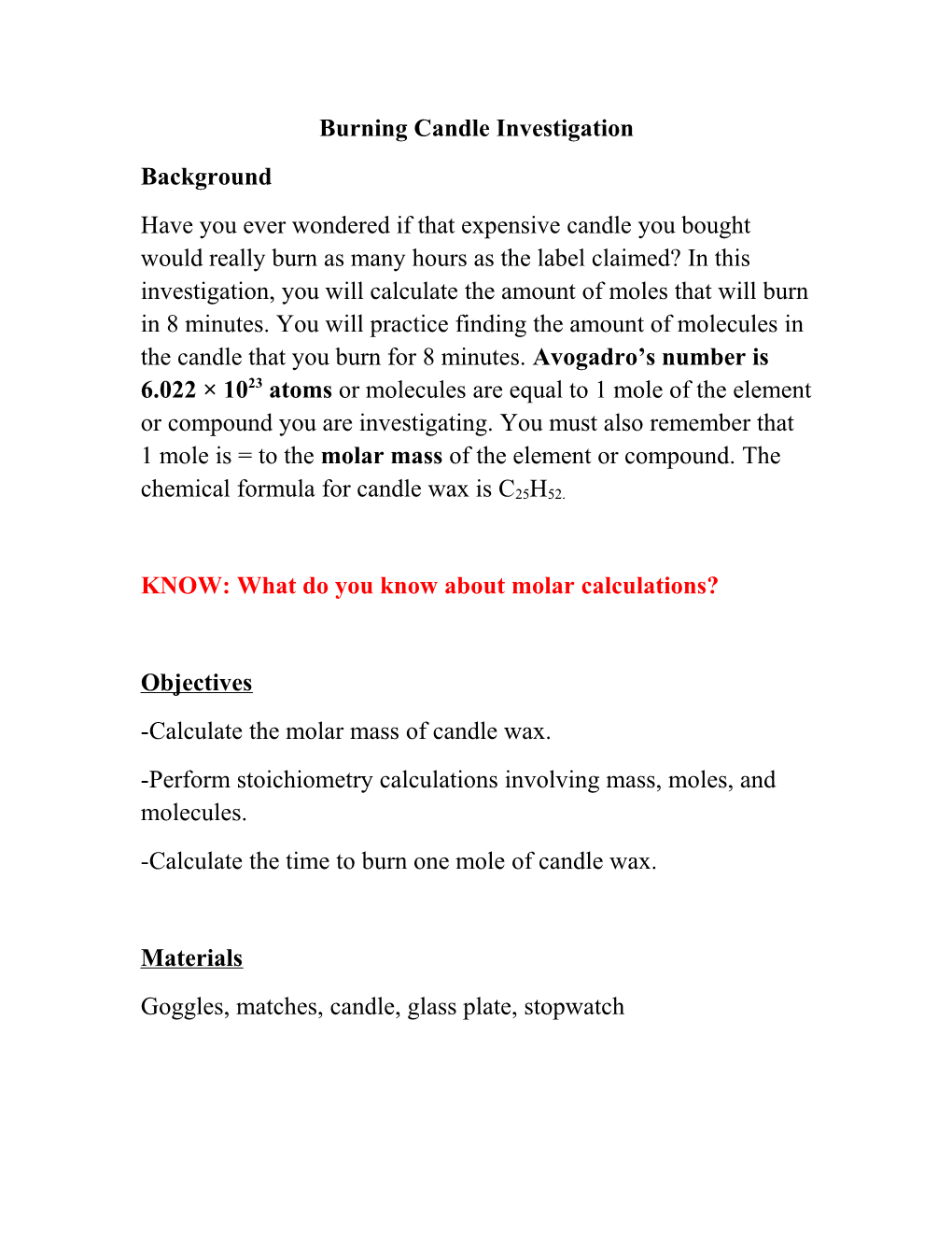 Candle Lab: Determining the Number of Moles and Molecules