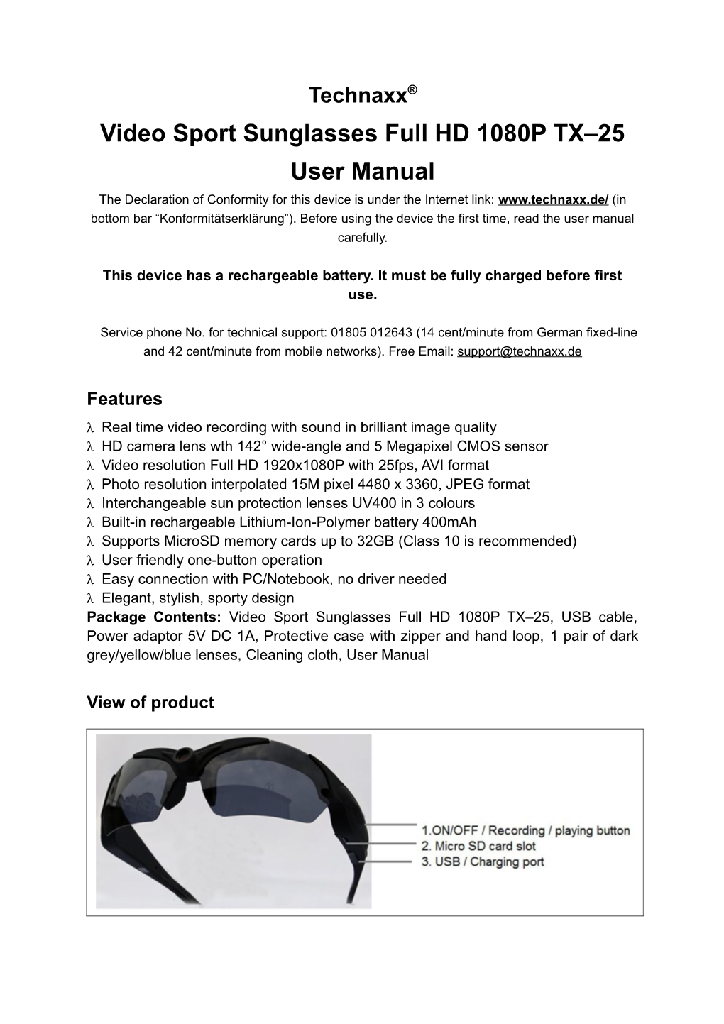 Video Sport Sunglasses Full HD 1080P TX 25 User Manual