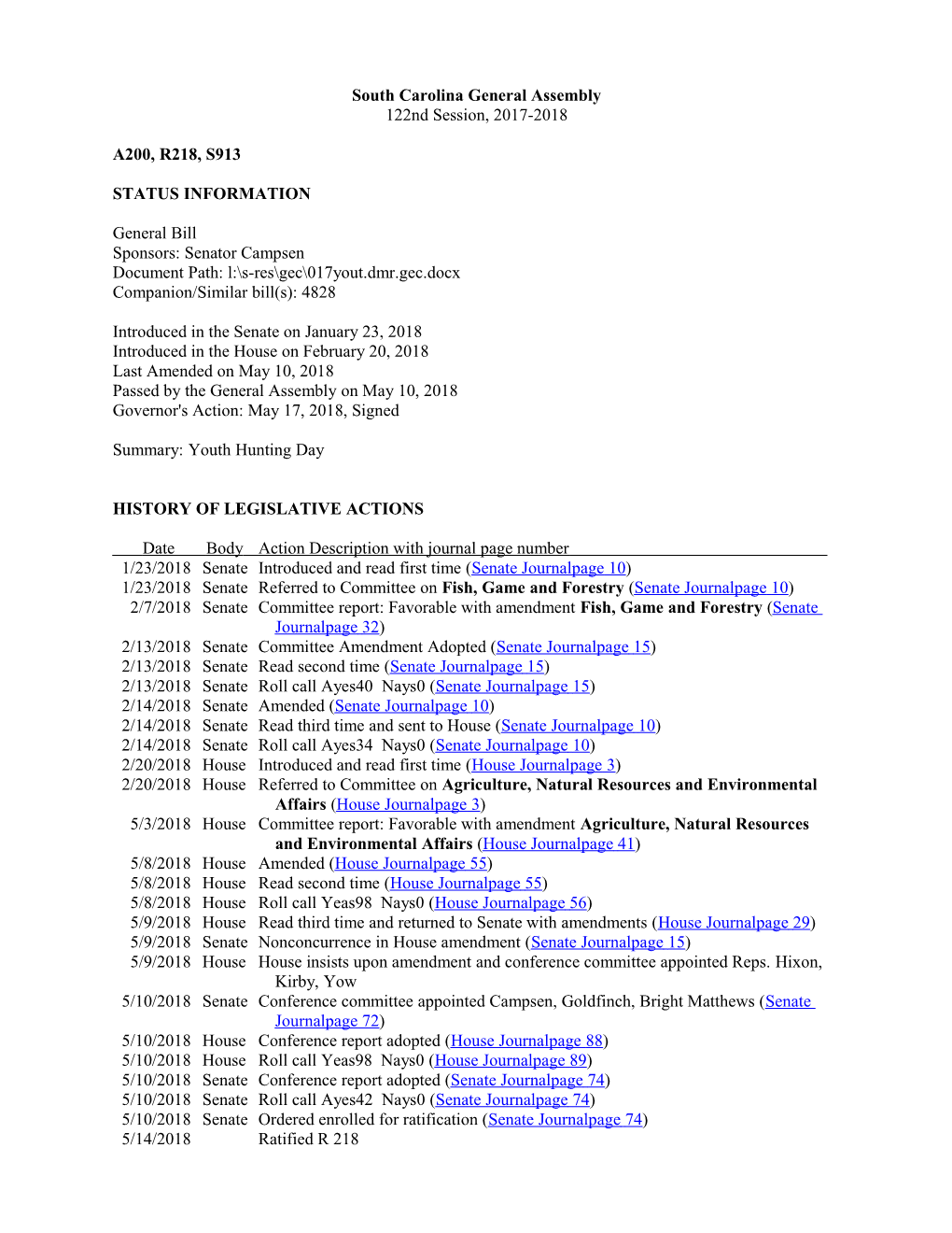 2017-2018 Bill 913: Youth Hunting Day - South Carolina Legislature Online