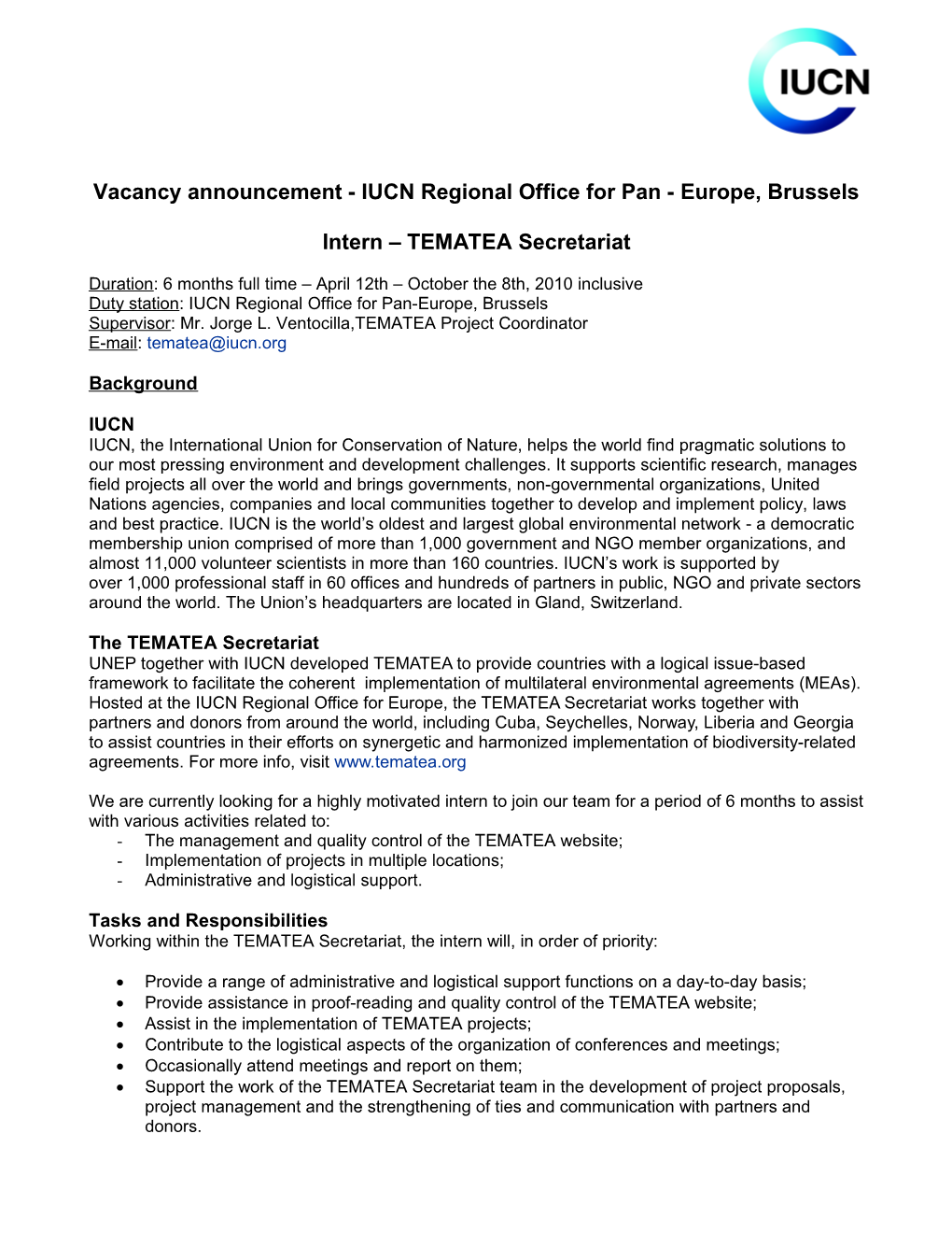 Vacancy Announcement - IUCN Regional Office for Pan- Europe,Brussels