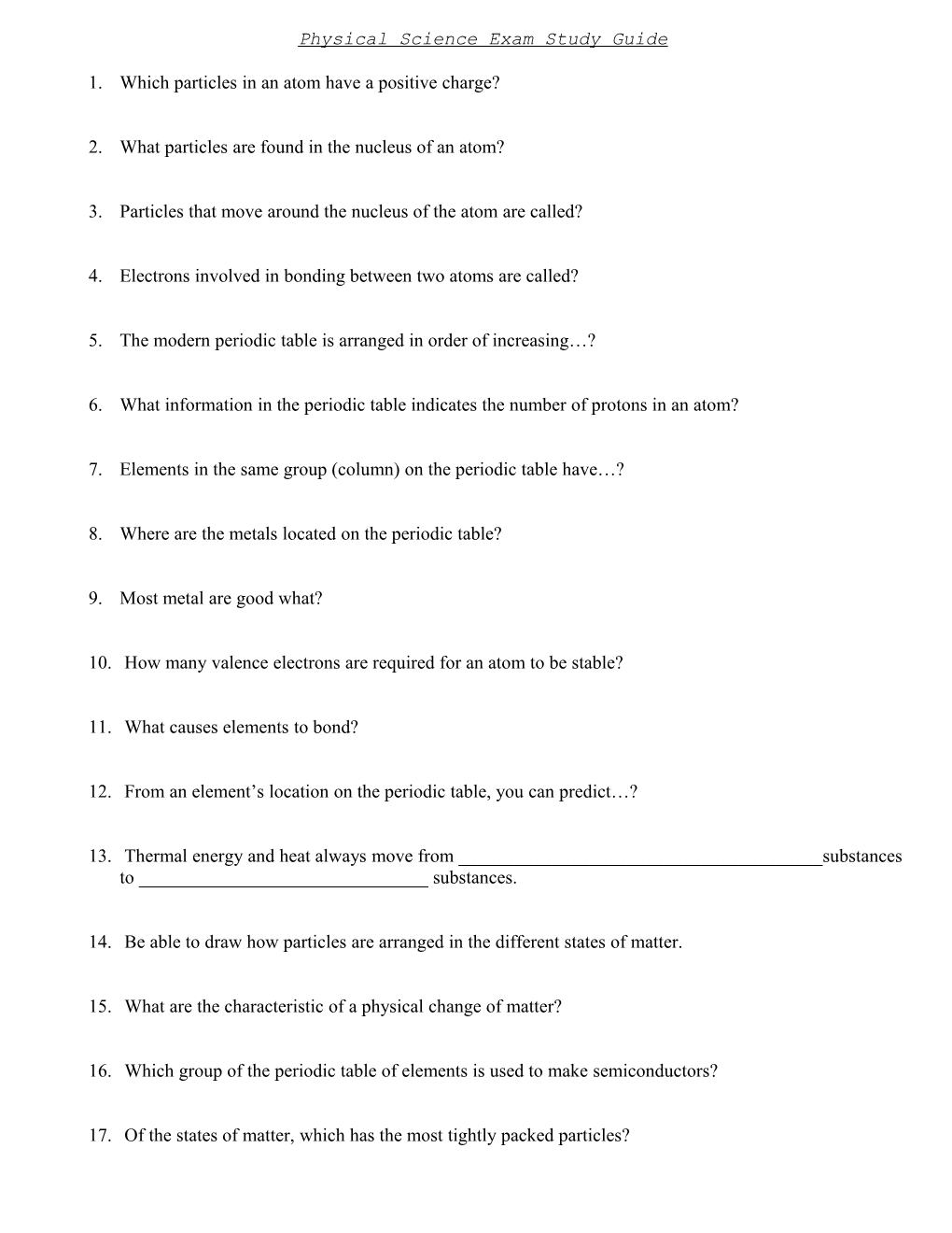 Physical Science Exam Study Guide