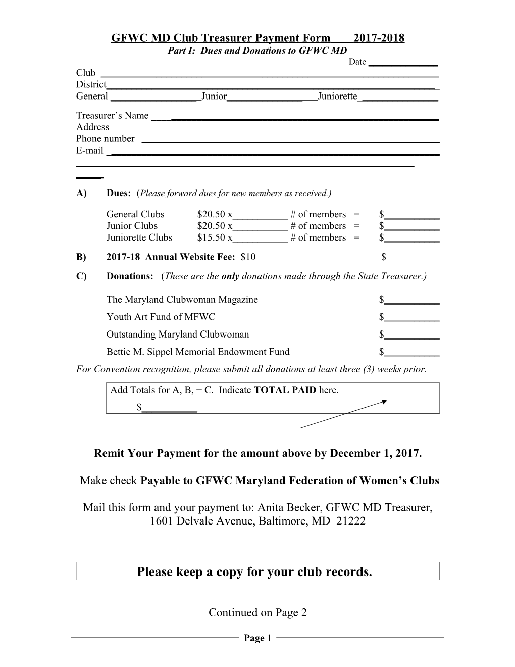 Club Treasurer Payment Form