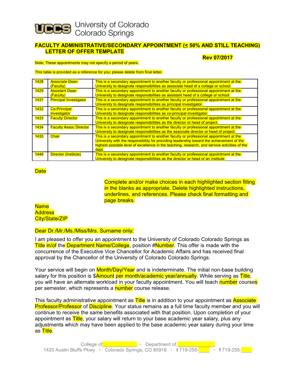 Faculty Administrative/Secondary Appointment ( 50% and Still Teaching) Letter of Offer Template