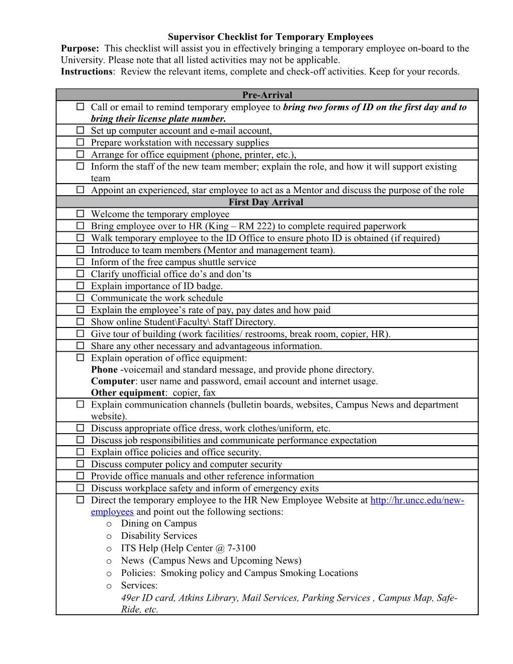 Supervisor S Checklist for New Employee Orientation