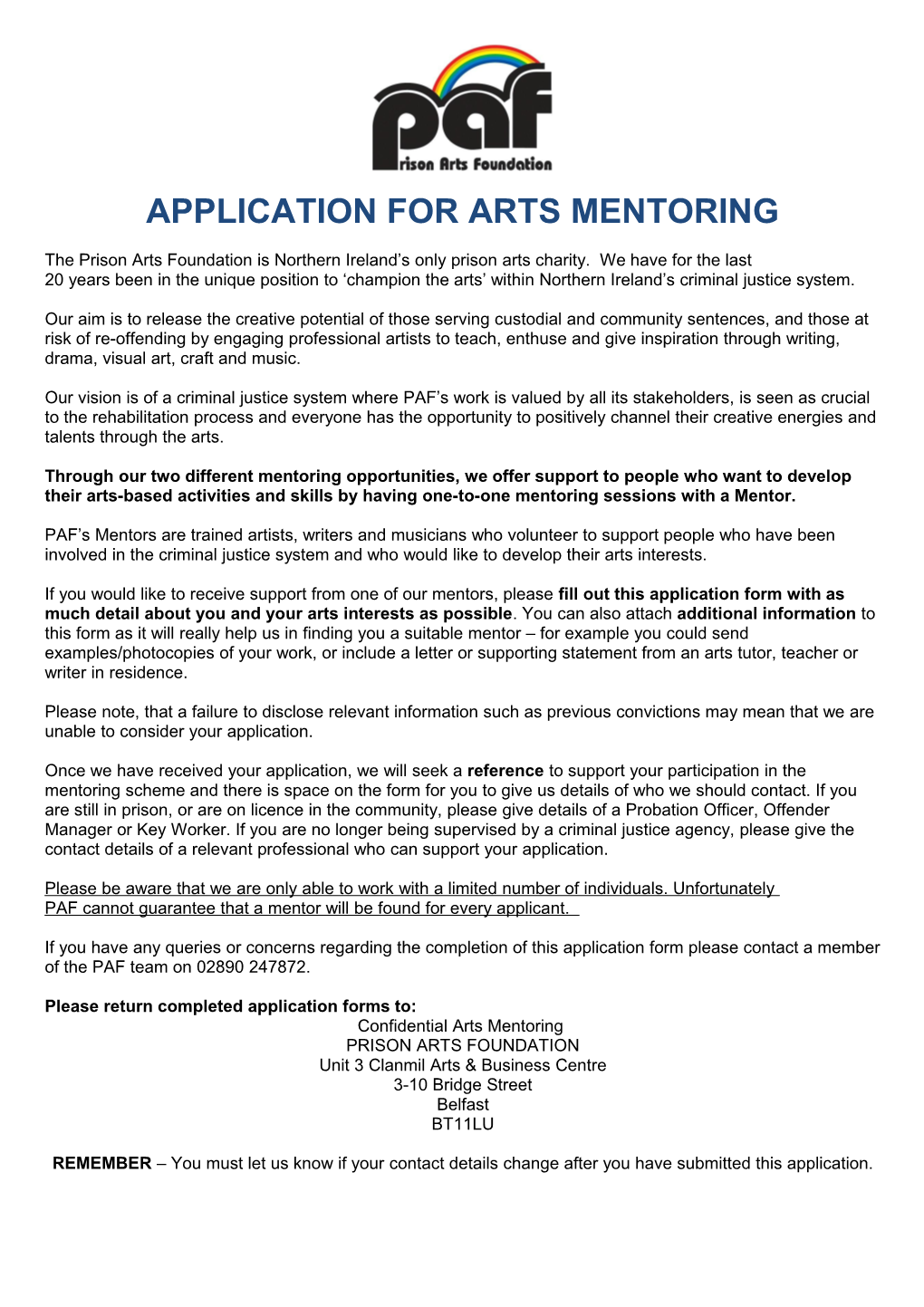 Application for Arts Mentoring