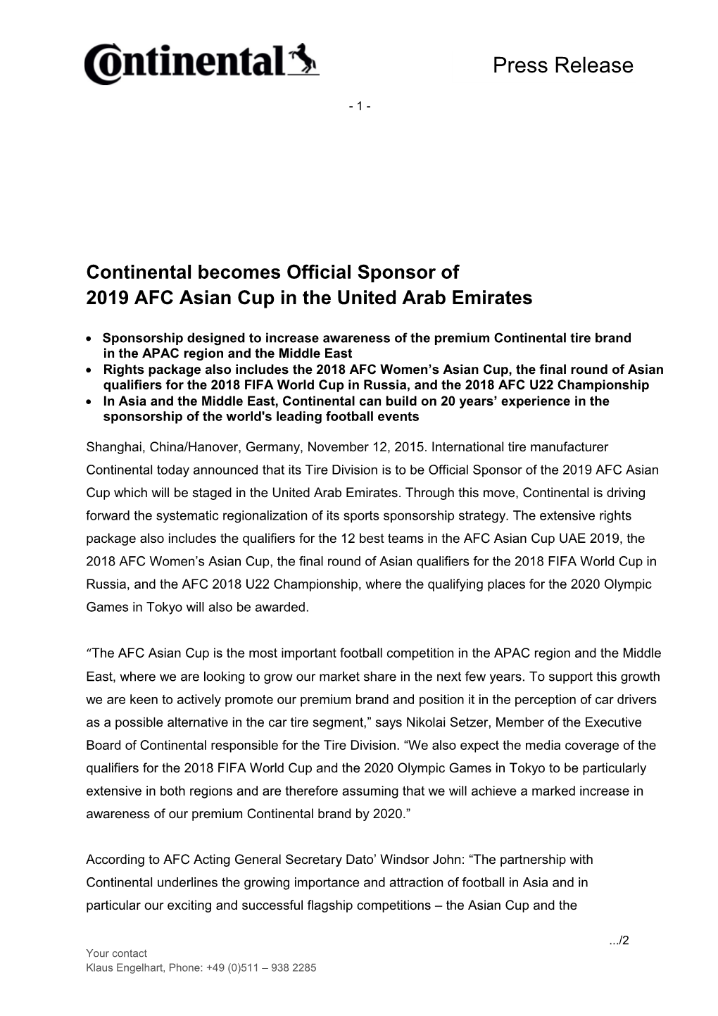 Continental Becomes Official Sponsor of 2019 AFC Asian Cup in the United Arab Emirates