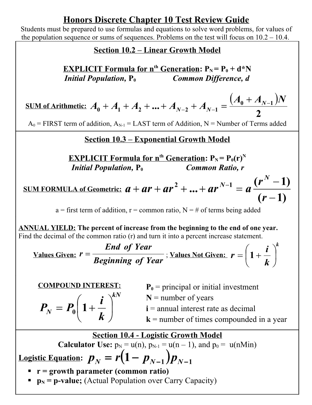 Honors Discrete Chapter 10 Test Review Guide