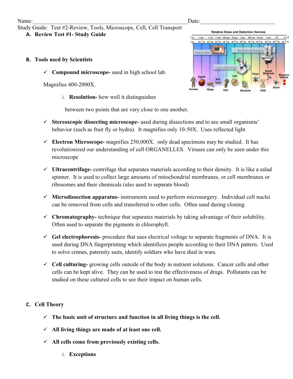 Study Guide: Test #2-Review, Tools, Microscope, Cell, Cell Transport