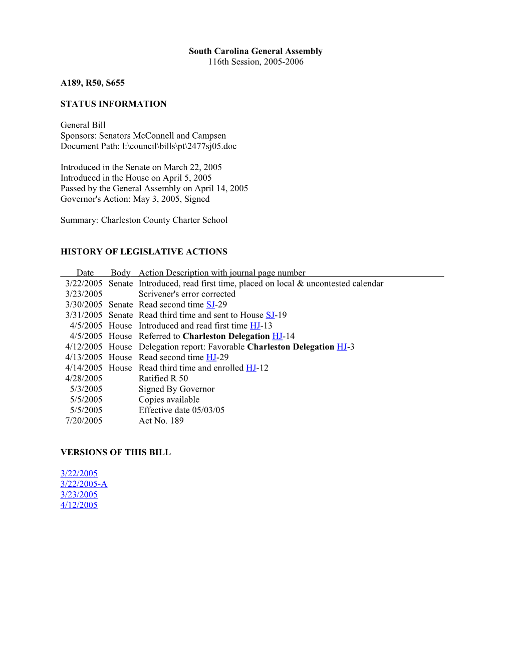 2005-2006 Bill 655: Charleston County Charter School - South Carolina Legislature Online