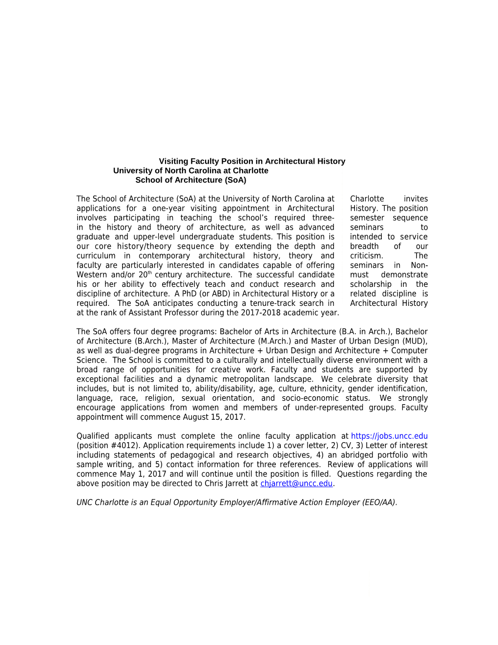 Visiting Faculty Position in Architectural History