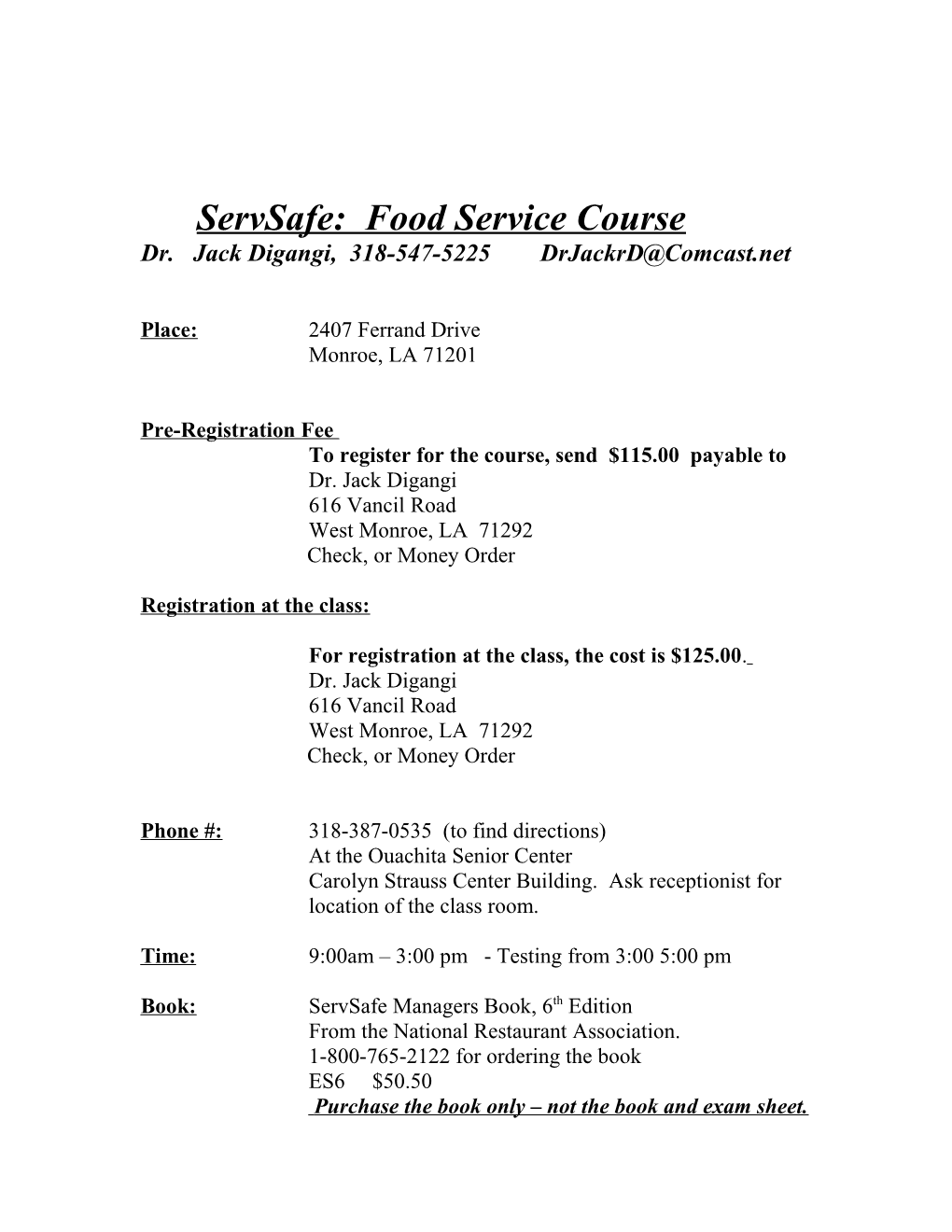 Servsafe: Food Service Course