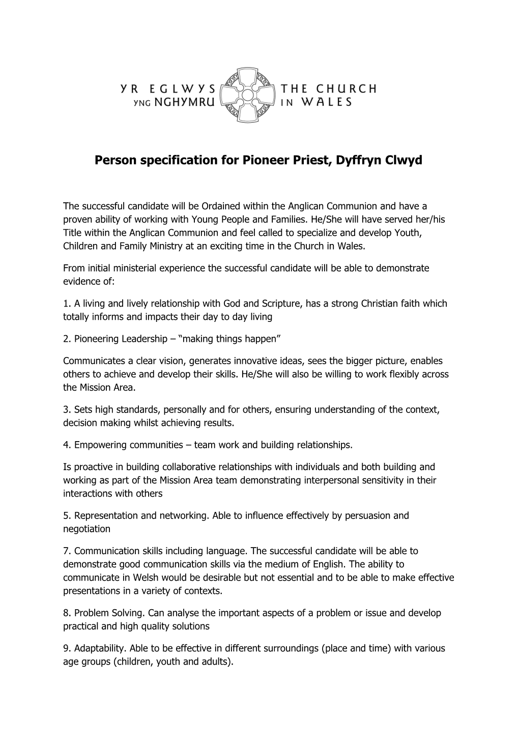 Person Specification for Pioneer Priest, Dyffryn Clwyd