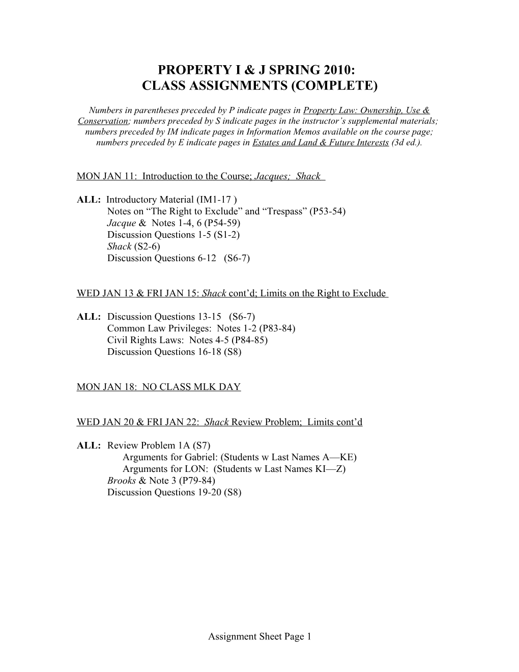 Property I & J Spring 2010: Syllabus (Unit One) s2