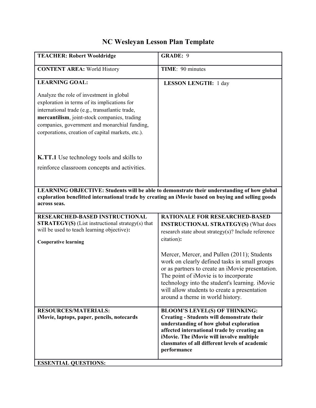 NC Wesleyan Lesson Plan Template