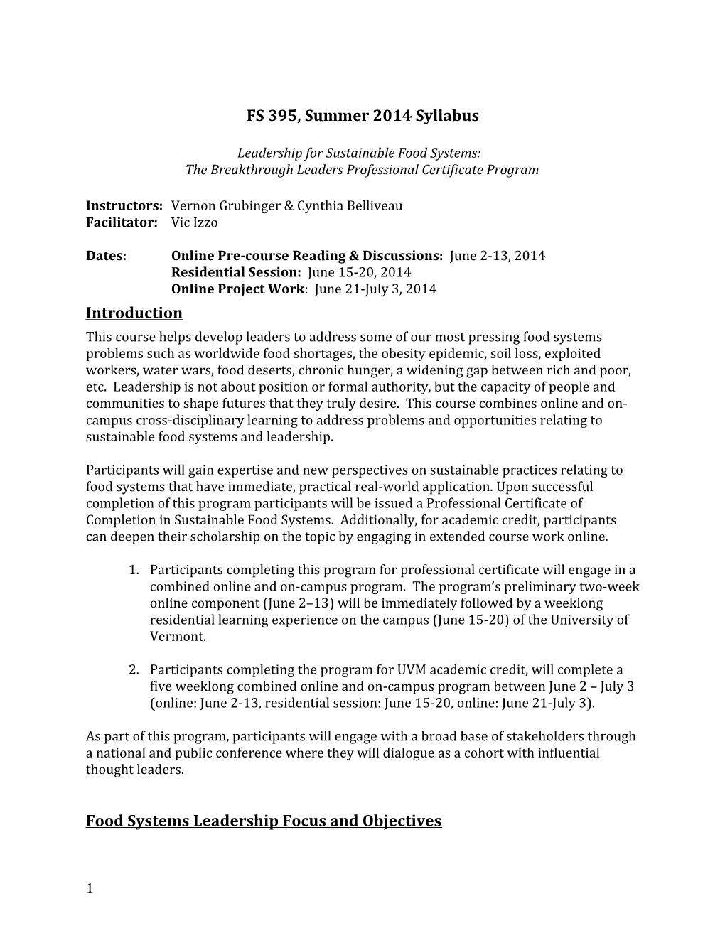 FS 395, Summer 2014 Syllabus