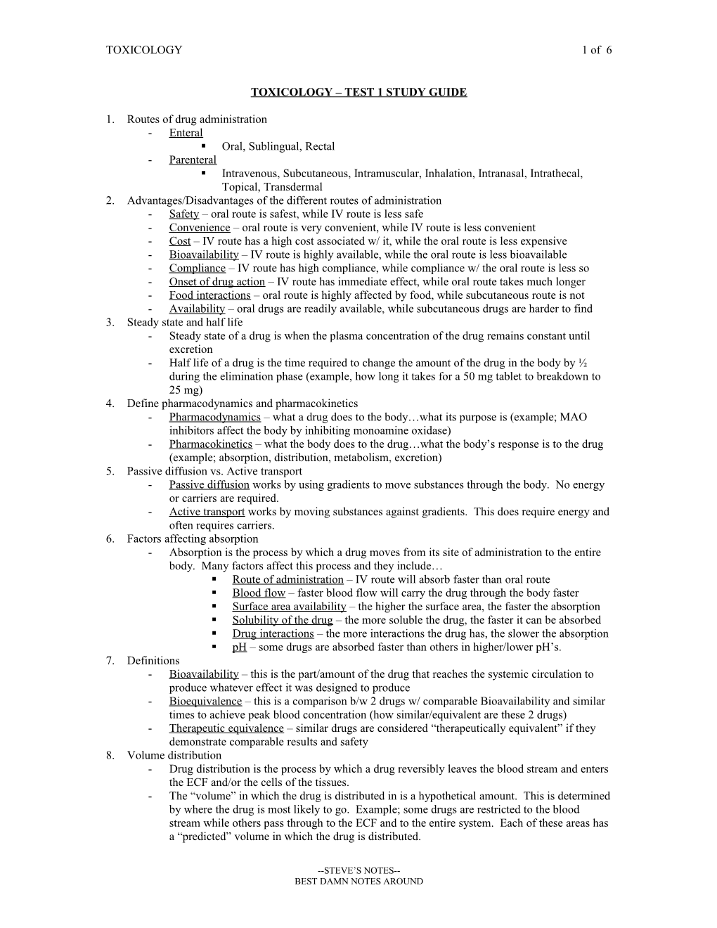Toxicology Test 1 Study Guide