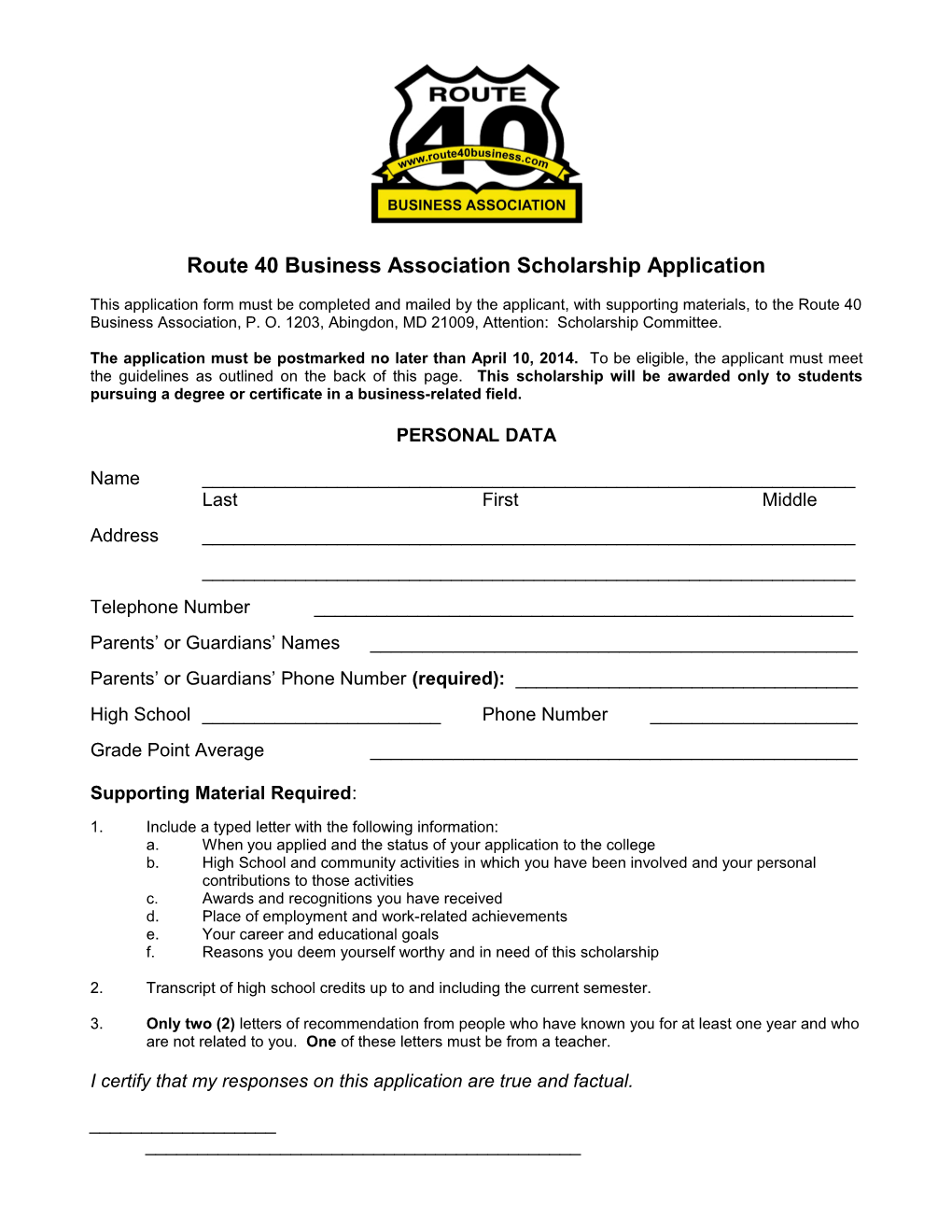 Route 40 Business Association Scholarship Application