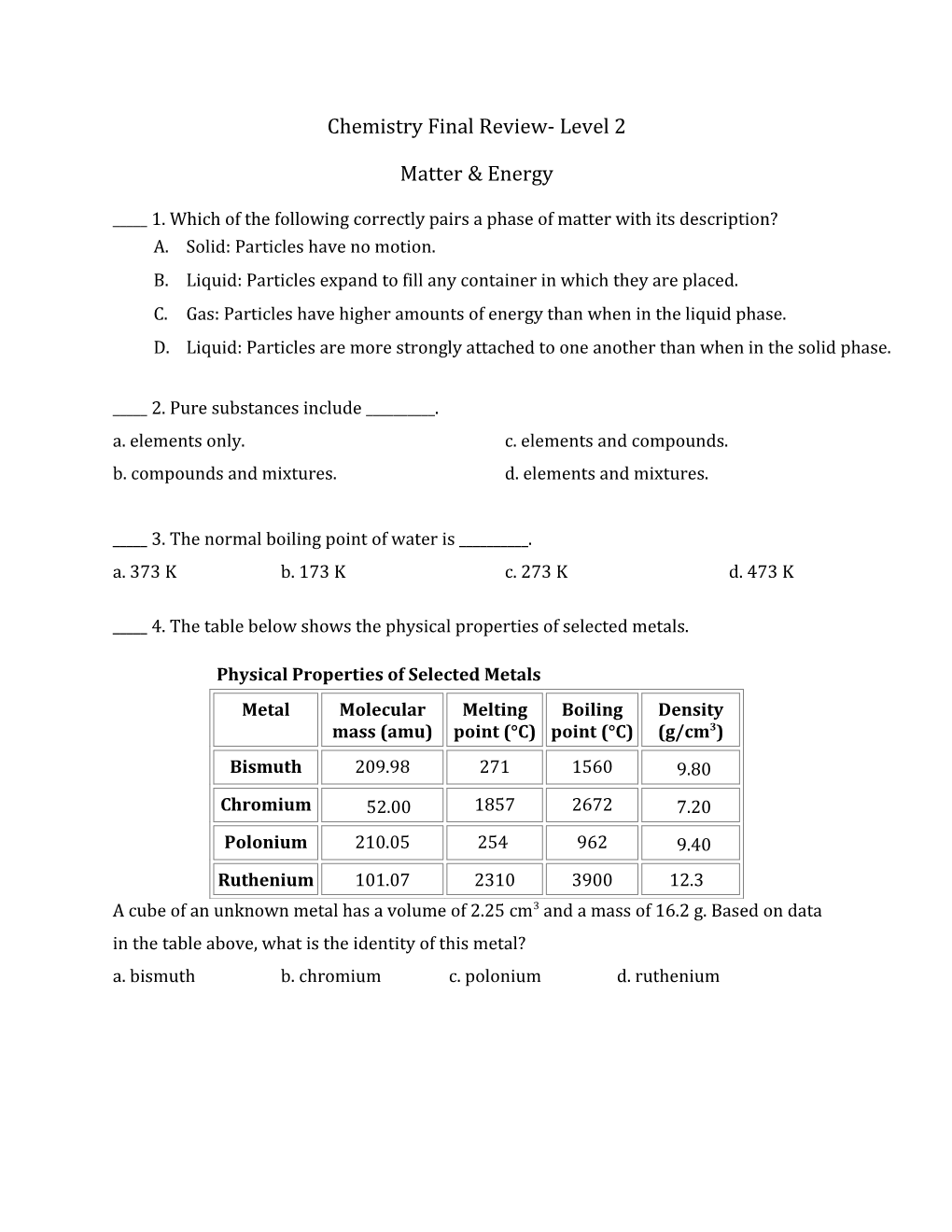 Chemistry Final Review- Level 2