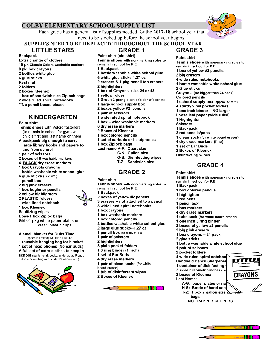 Colby District Elementary School Supply List