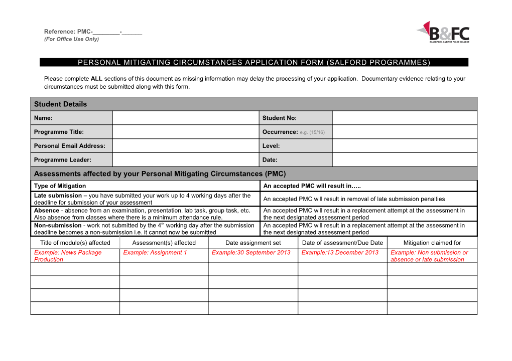 Personal Mitigating Circumstances Application Form (Salford Programmes)