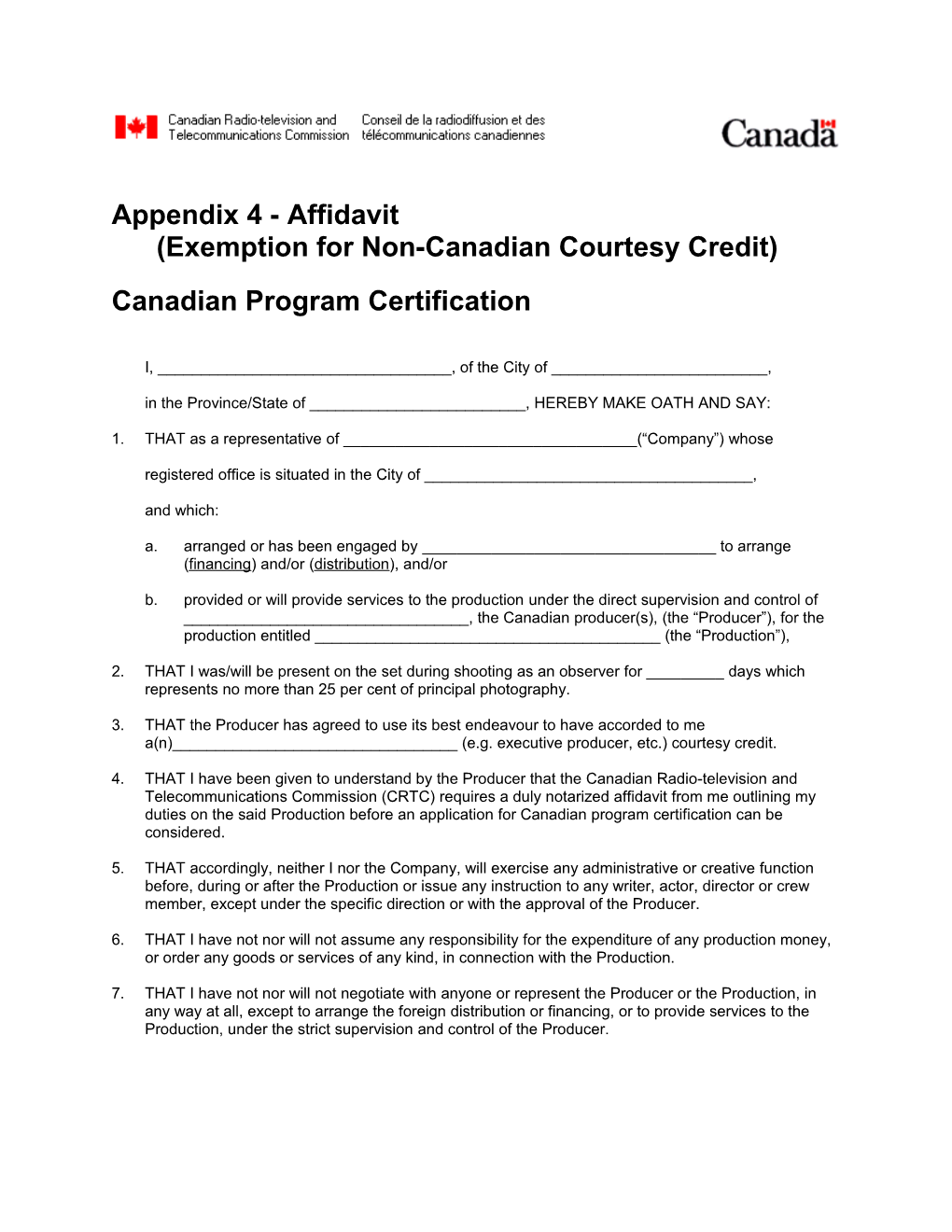 Canadian Program Certification - Appendix 3 - Affidavit (Exemption for Non-Canadian Courtesy