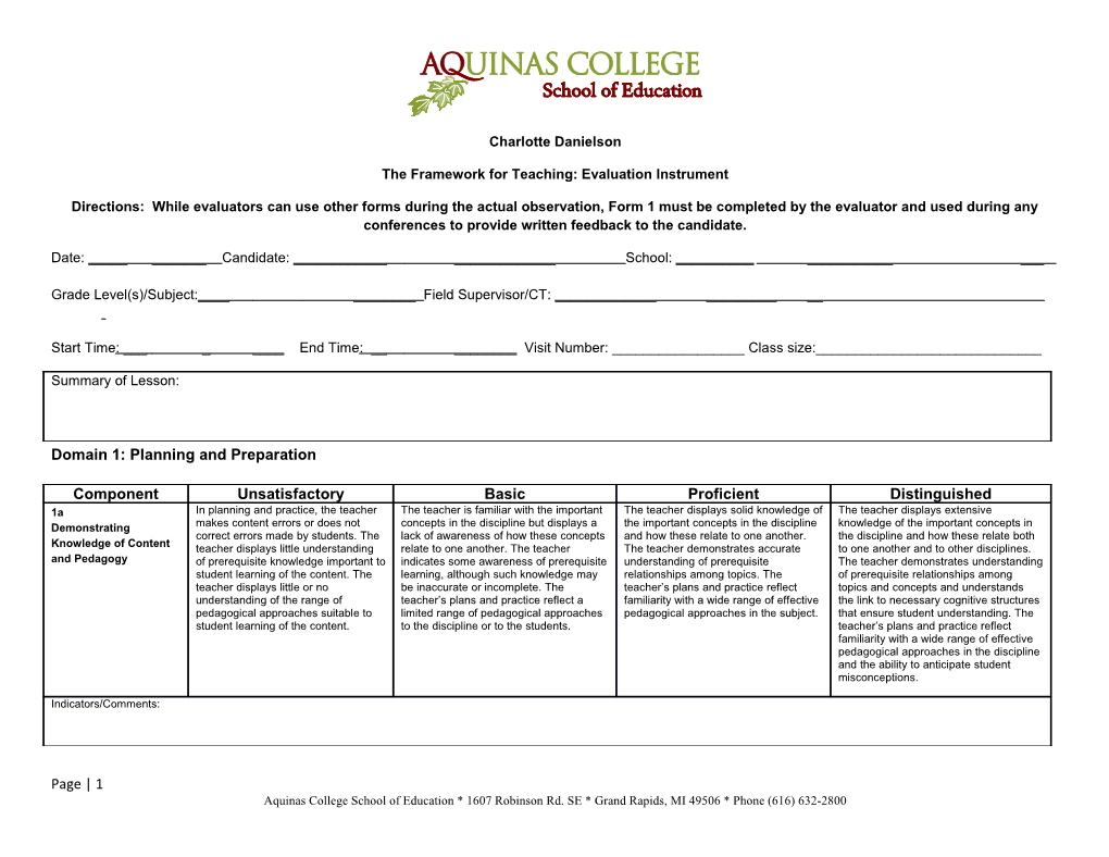 The Framework for Teaching: Evaluation Instrument