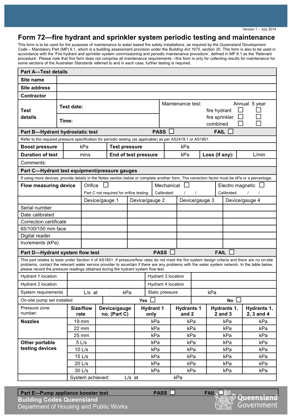 Form 72 Fire Hydrant Testing and Maintenance