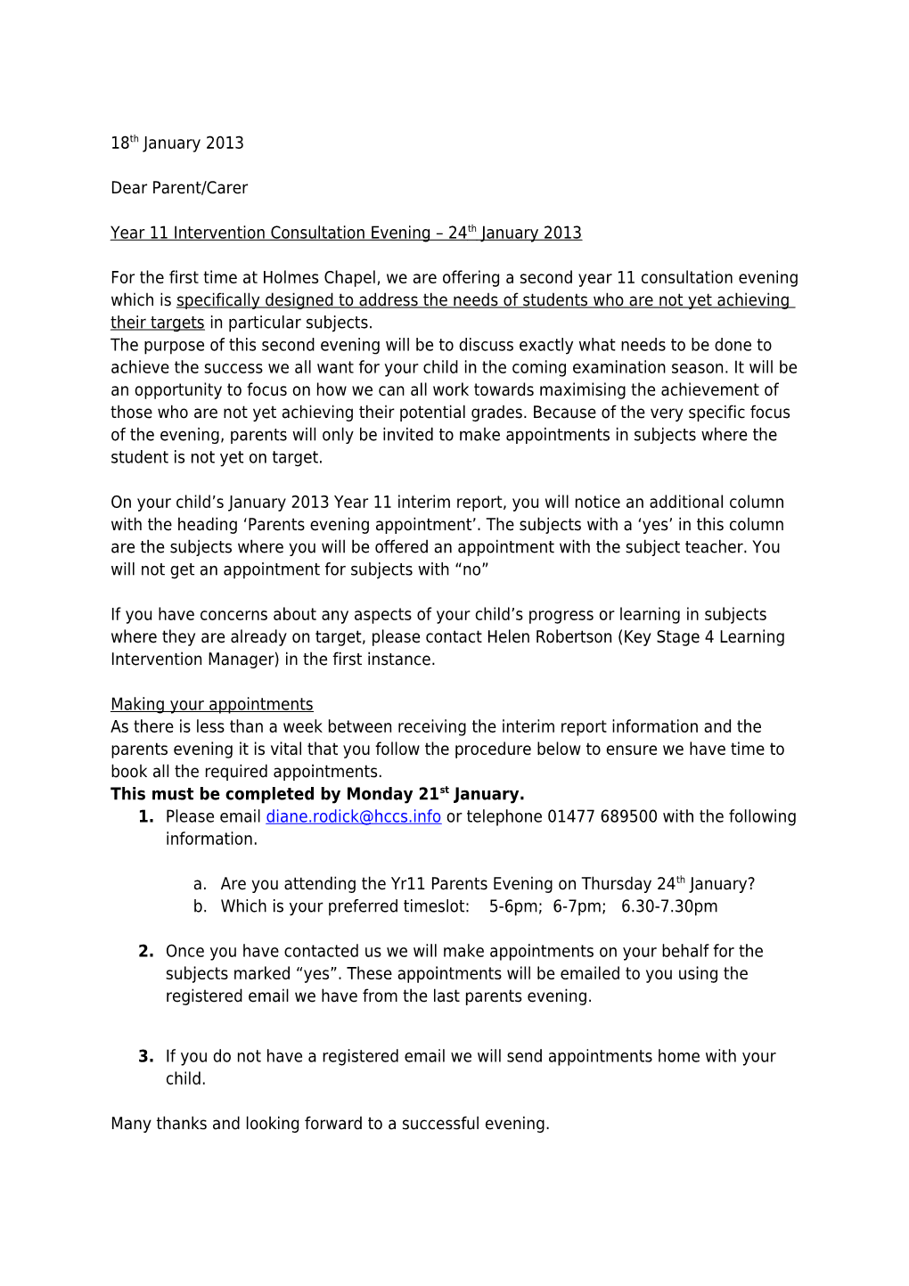 Year 11 Intervention Consultation Evening 24Th January 2013