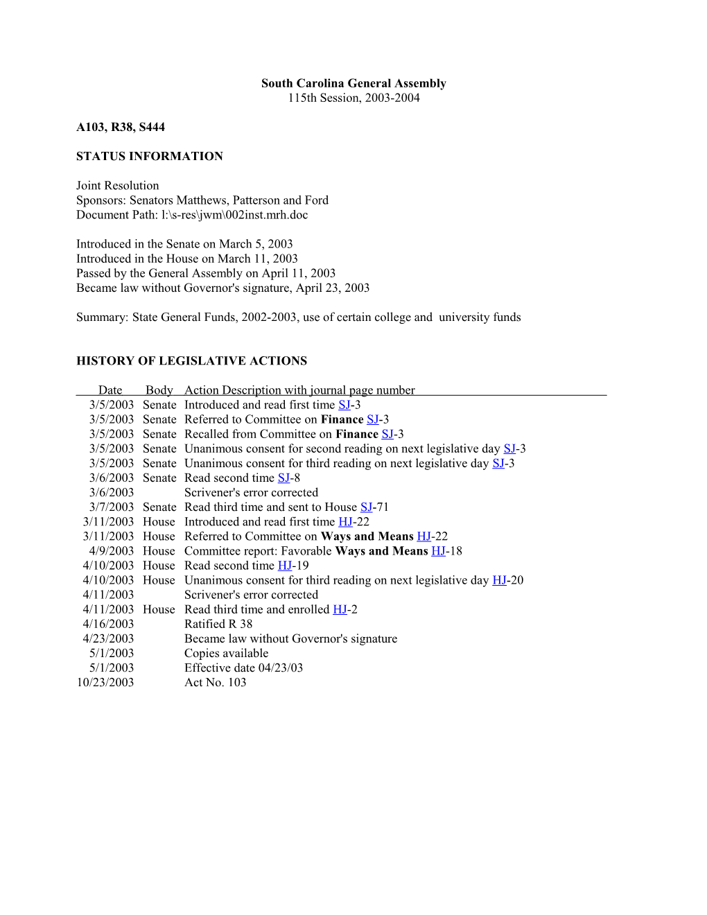 2003-2004 Bill 444: State General Funds, 2002-2003, Use of Certain College and University