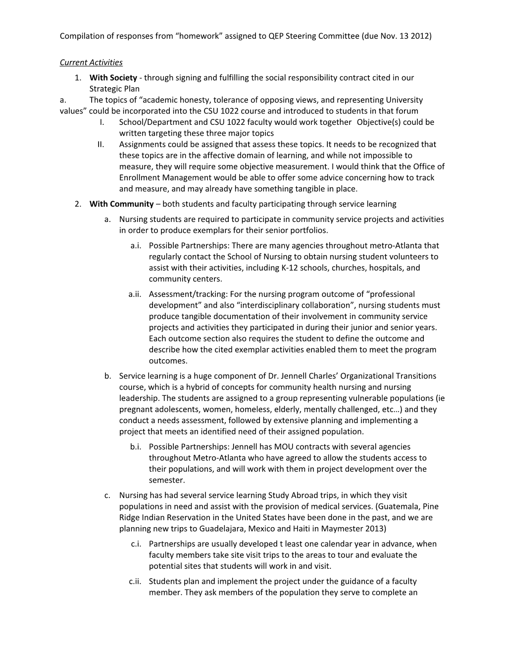 Compilation of Responses from Homework Assigned to QEP Steering Committee (Due Nov. 13 2012)