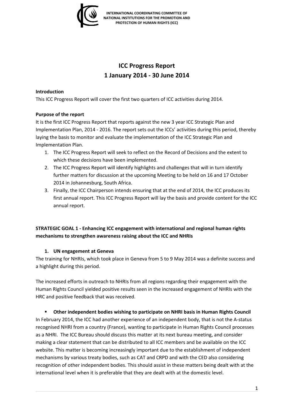 ICC Progress Report Jan-June 2014