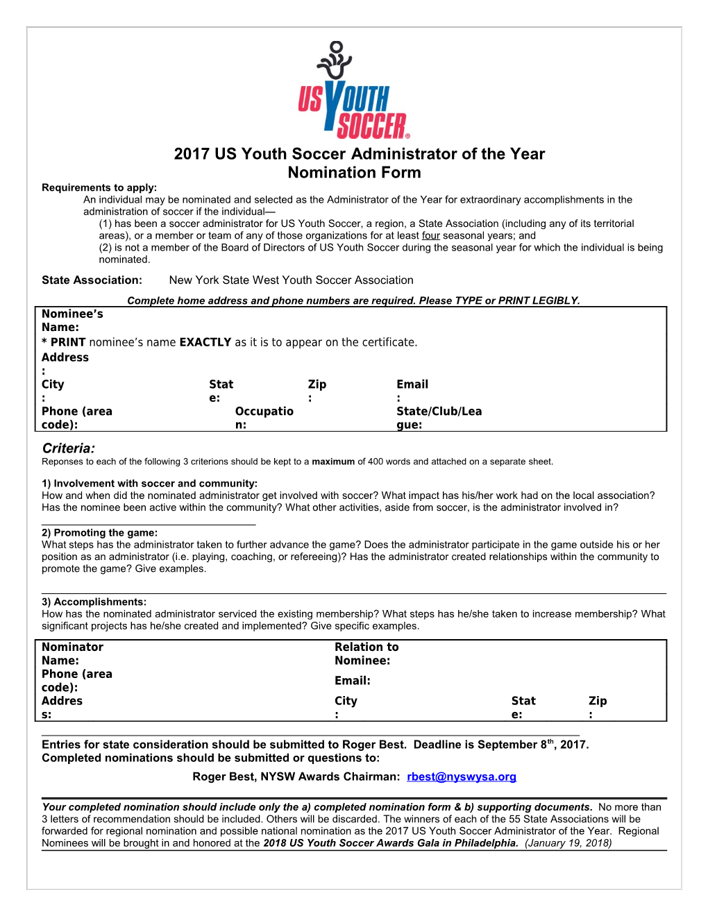 2017 US Youth Soccer Administrator of the Year
