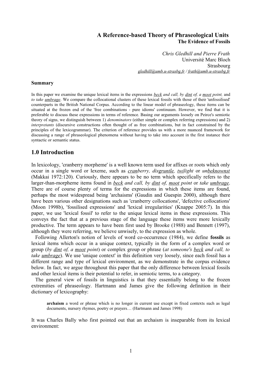 A Reference-Based Theory of Phraseological Units: the Evidence of Fossils