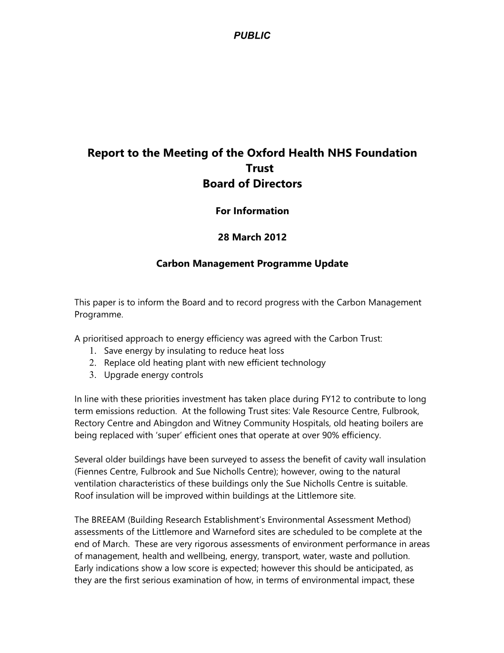 Report to the Meeting of the Oxfordhealth NHS Foundation Trust