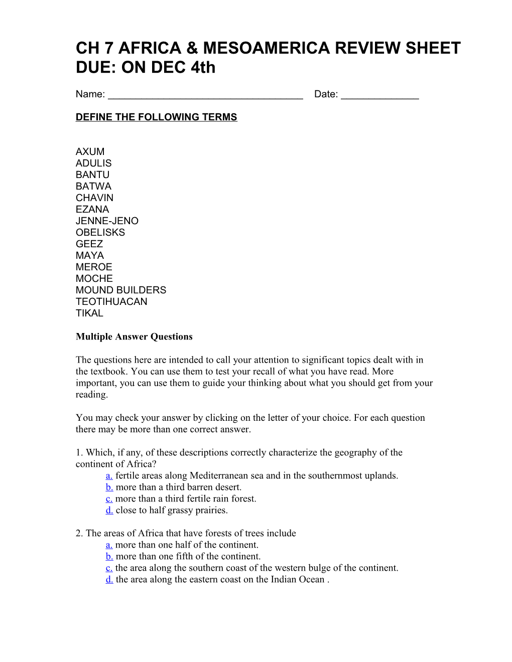 Short Answer Review Sheet