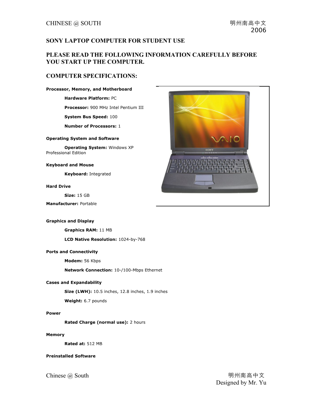 Sony Laptop Computer for Student Use