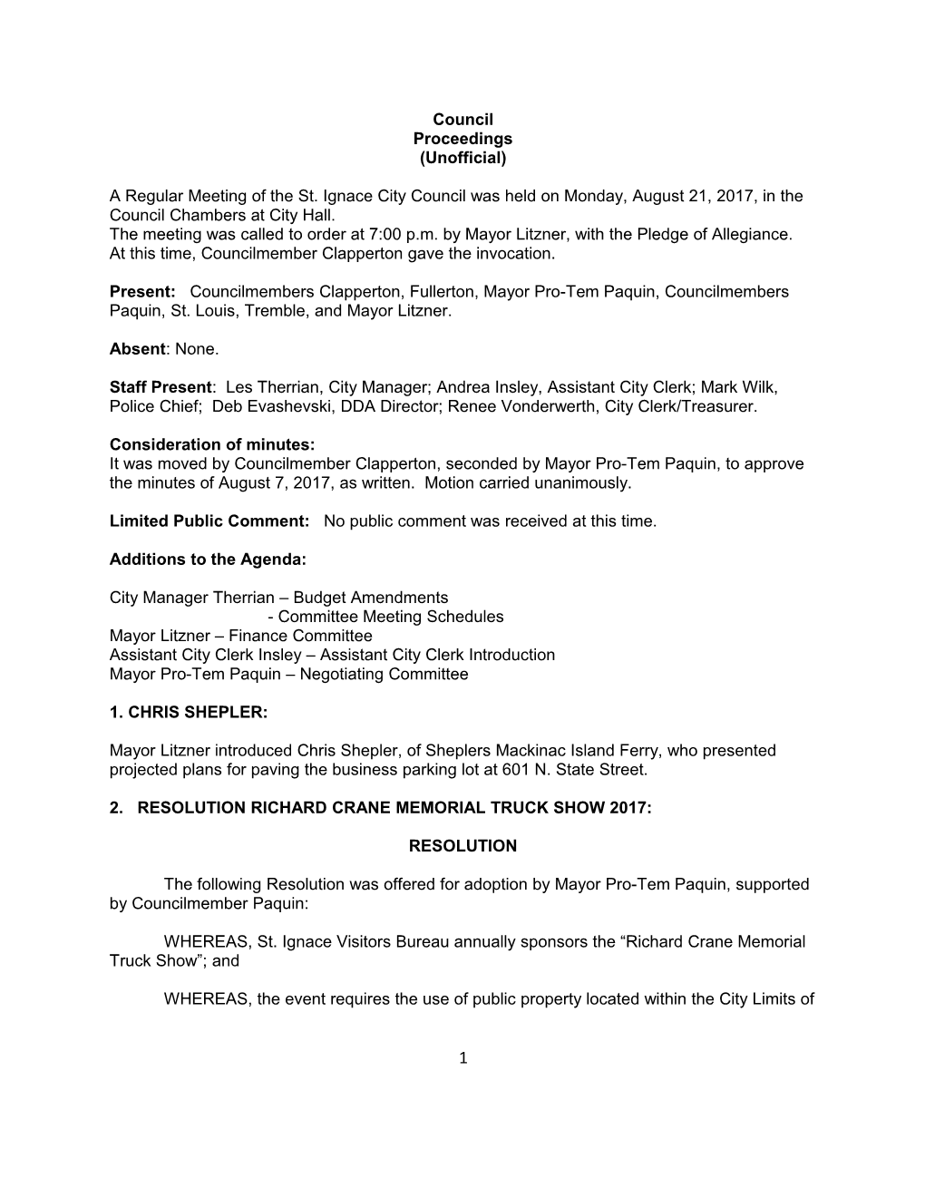 The Meeting Was Called to Order at 7:00 P.M. by Mayor Litzner, with the Pledge of Allegiance s1